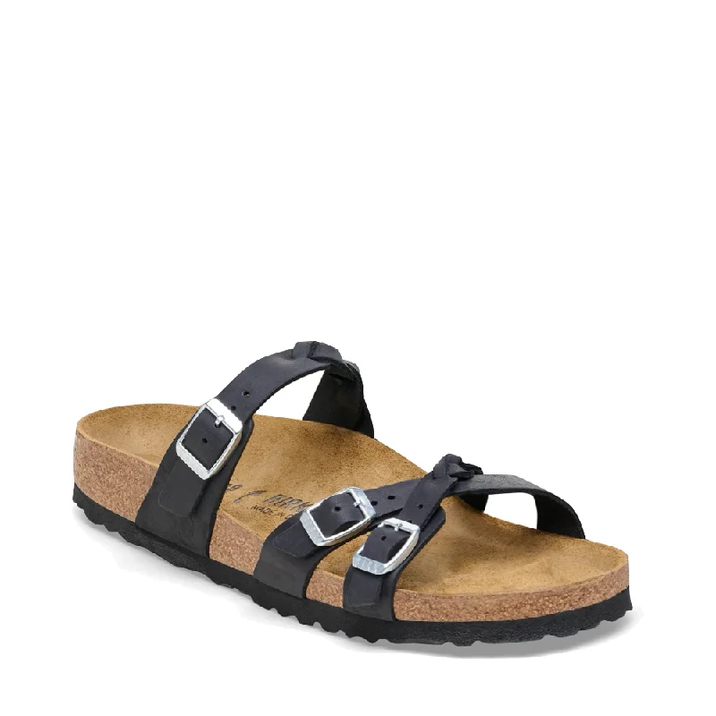 Stylish and supportive women's shoes for plantar fasciitisBirkenstock Women's Franca Braided Oiled Leather Sandal in Black