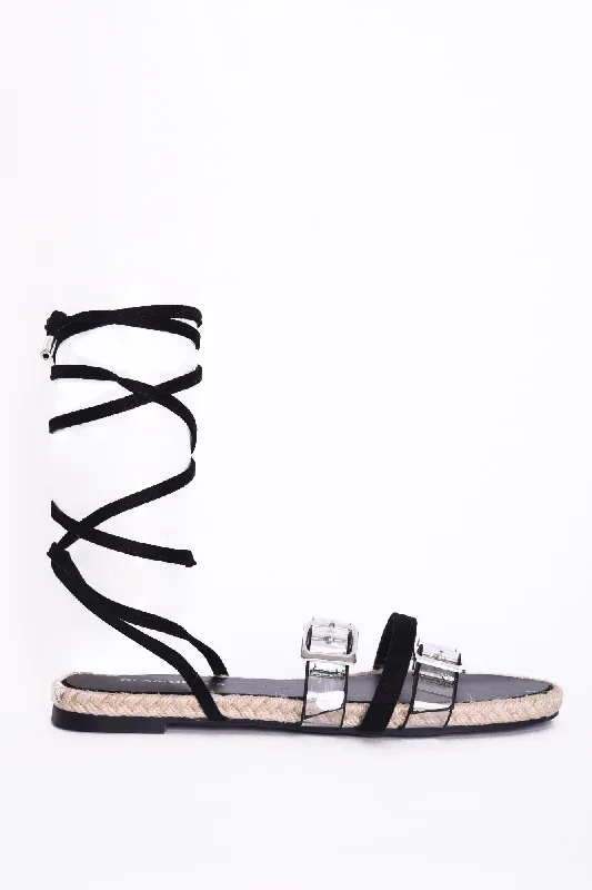 Versatile and stylish women's shoes for city walksGlamorous Black Lace Up Clear Buckle Strap Sandals