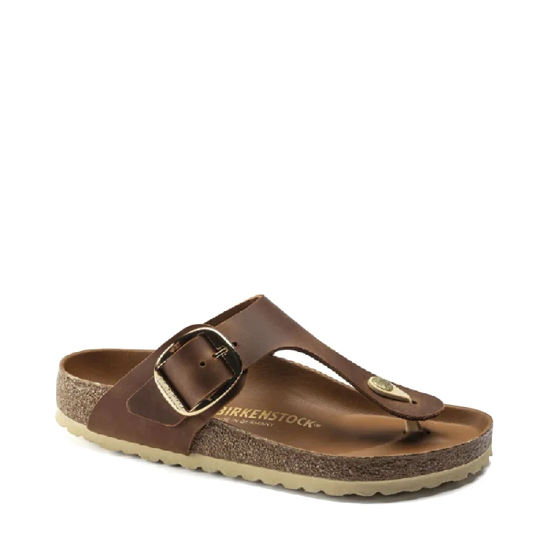 Comfy and stylish women's shoes for lounging around the houseBirkenstock Women's Gizeh Oiled Leather Big Buckle Sandal in Cognac