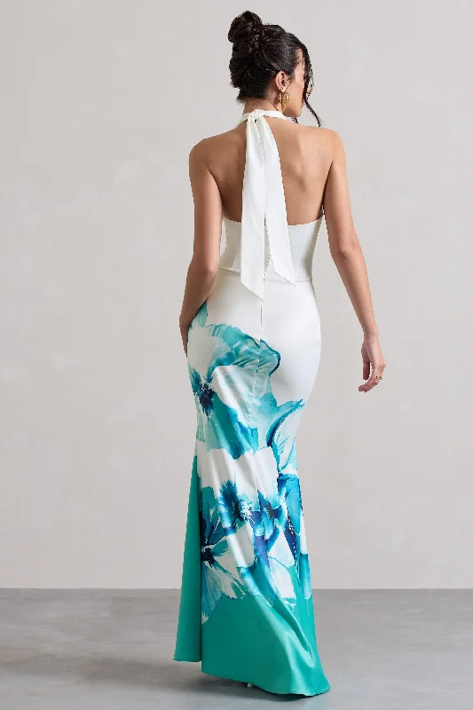 Tropicana | Blue Floral Satin Cross Over Halterneck Maxi Dress