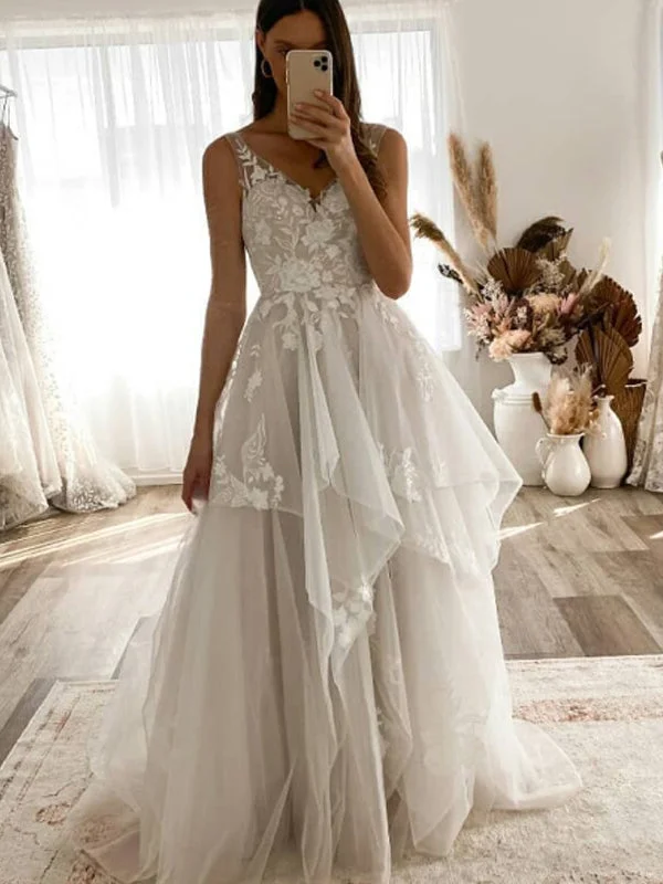 A-line V-Neck Boho French Tulle Long Dream Wedding Dresses WD025