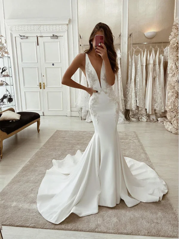 Charming Mermaid V-Neck Satin Unique Long Beach Wedding Dresses WD029