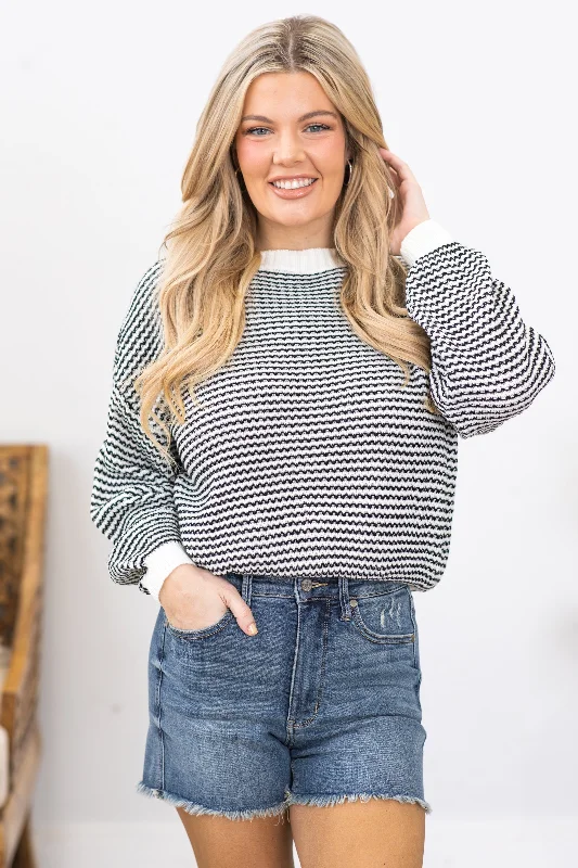 Black and Ivory Stripe Crewneck Sweater