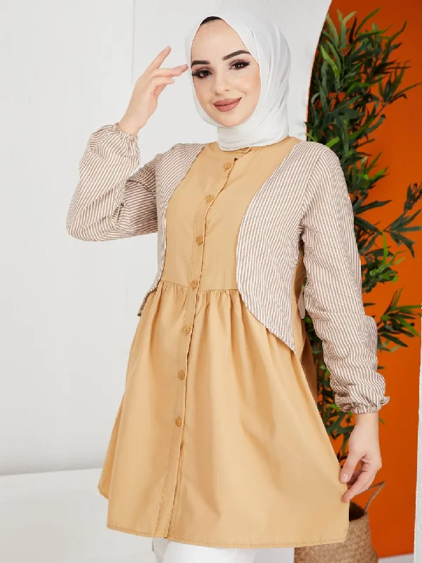 Turkish Women's Poplin Long Top Shirt - LT222 Cream