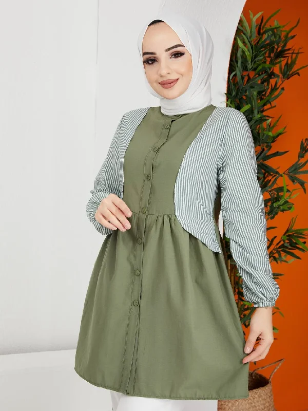 Turkish Women's Poplin Long Top Shirt - LT222 Green