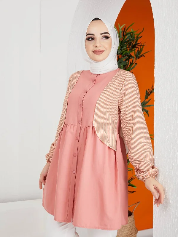 Turkish Women's Poplin Long Top Shirt - LT222 Pink