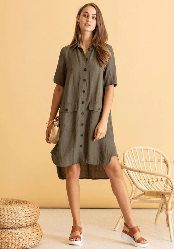 Naya Linen Blend Shirt Dress, Khaki Green