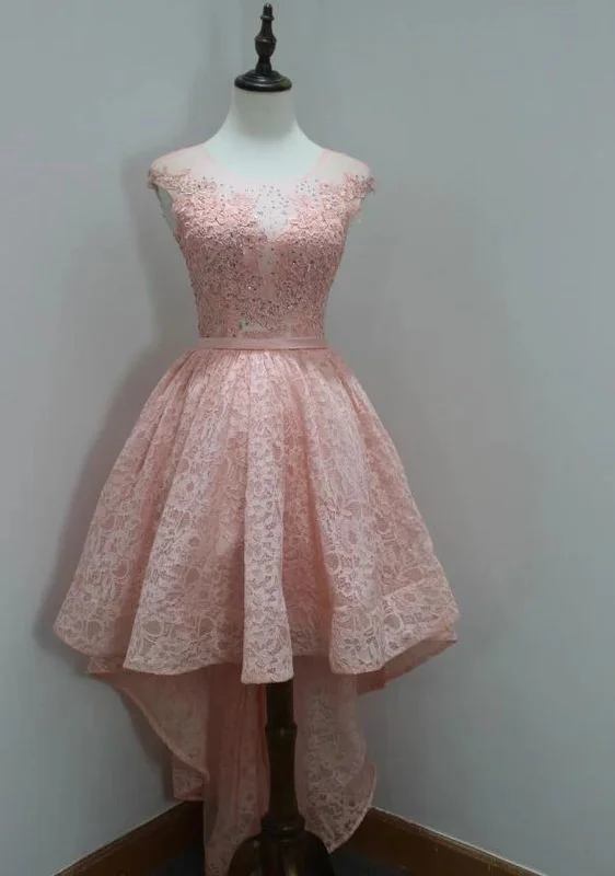 Stylish Round Neck High Low Lace Pink Homecoming Dress    cg12012