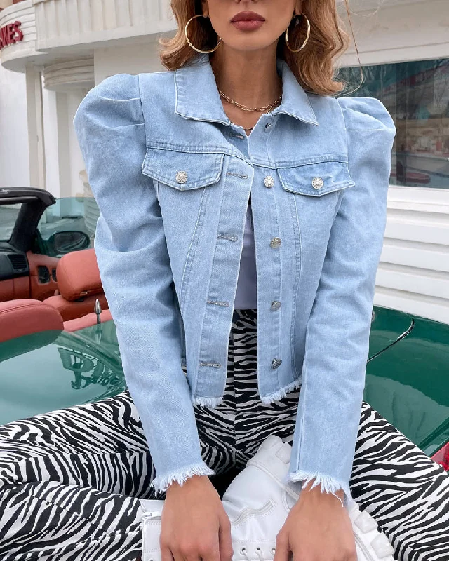 Pile Collar Single-breasted Puff Sleeve Tassel Denim Outerwear Cardigans