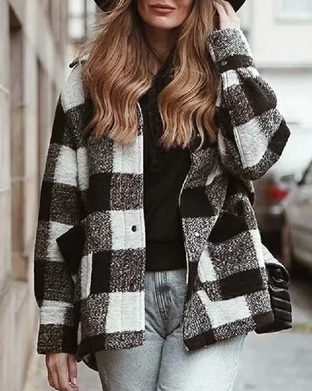 Black And White Grid Single-breasted Shirt Style Cardigan Coat