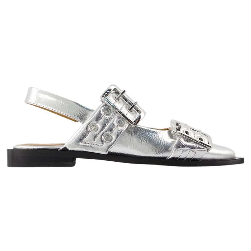 Feminine Buckle Ballerinas - Ganni - Synthetic Leather - Silver