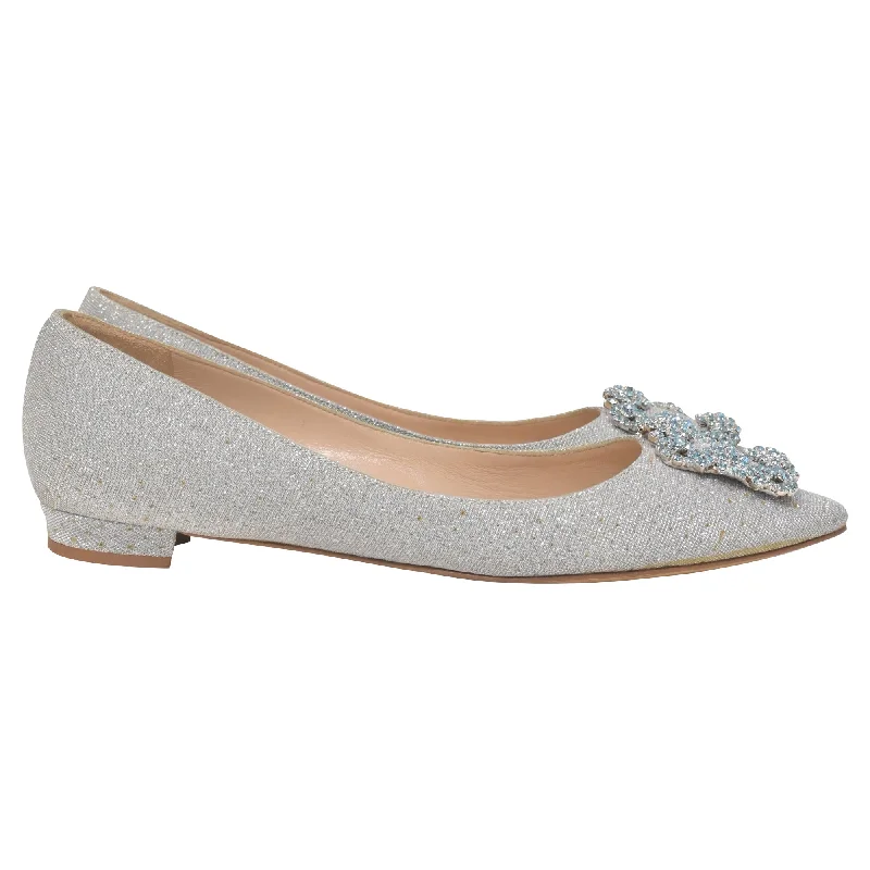 Manolo Blahnik Hangisi Flats in Silver Viscose Lurex