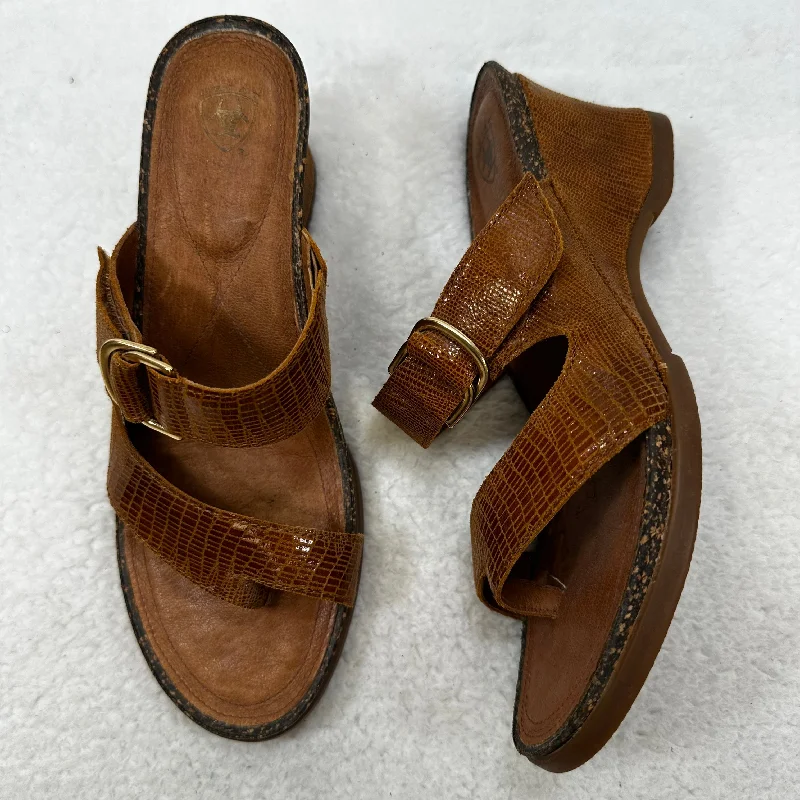 Chic and stylish women's shoes for garden partiesCamel Sandals Heels Wedge Ariat, Size 7