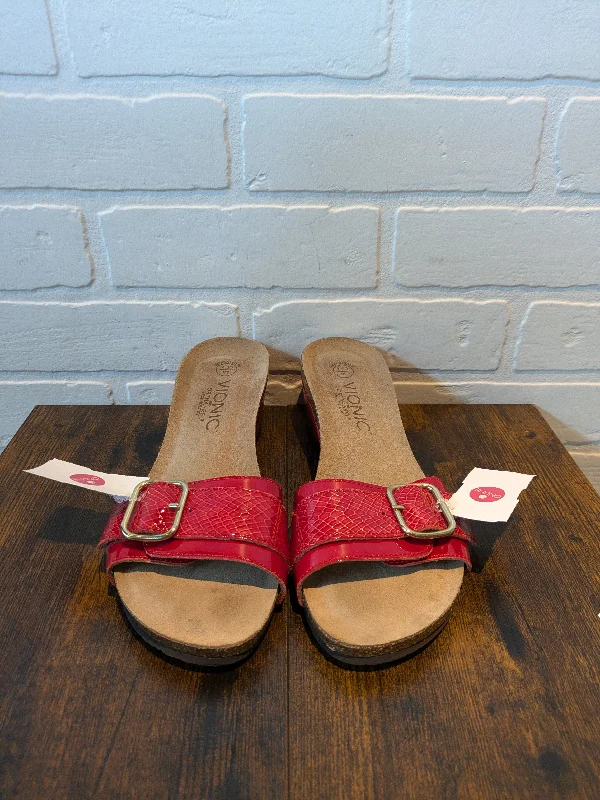 Bold and striking women's shoe fashionsRed Sandals Heels Wedge Vionic, Size 7