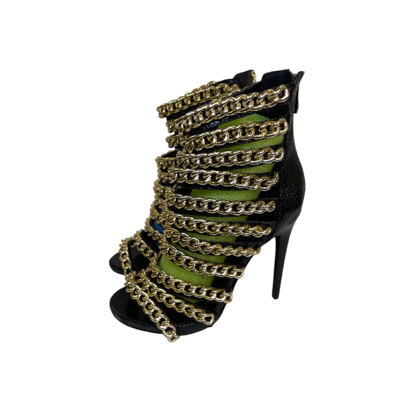 Feminine and dainty women's shoe designsSandals Heels Stiletto By Nelly and Bernardo In Black & Gold, Size:8.5