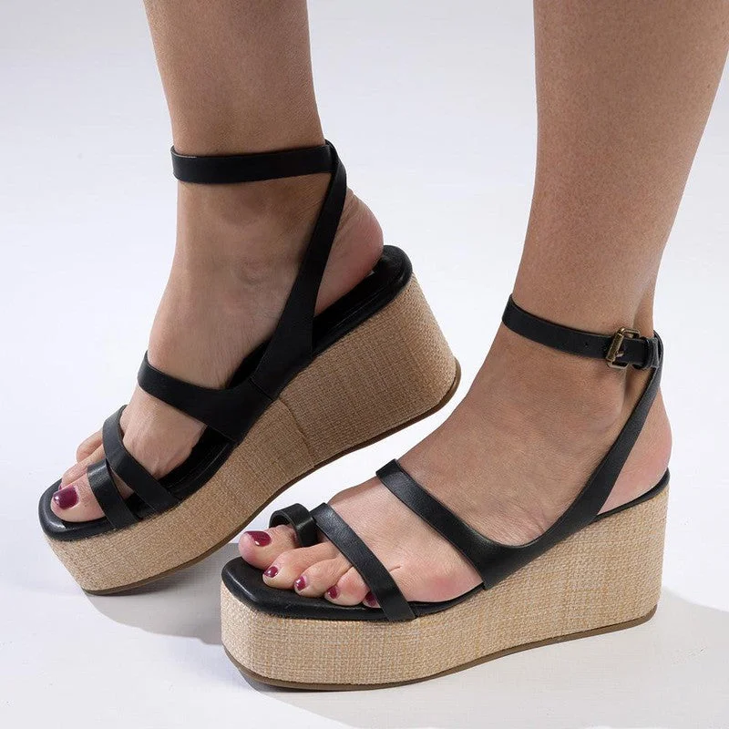 Stunning and eye-catching women's footwearMadison Cara Strappy Weave Covered Wedge - Black Stunning and eye-catching women's footwearMadison Cara Strappy Weave Covered Wedge - Black