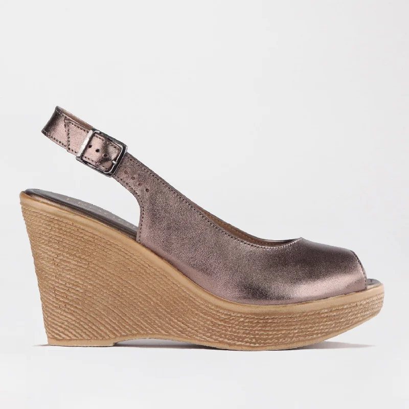 Stylish and affordable women's shoesPeep Toe Slingback Wedge Sandals in Lead Metallic - 12819 Stylish and affordable women's shoesPeep Toe Slingback Wedge Sandals in Lead Metallic - 12819