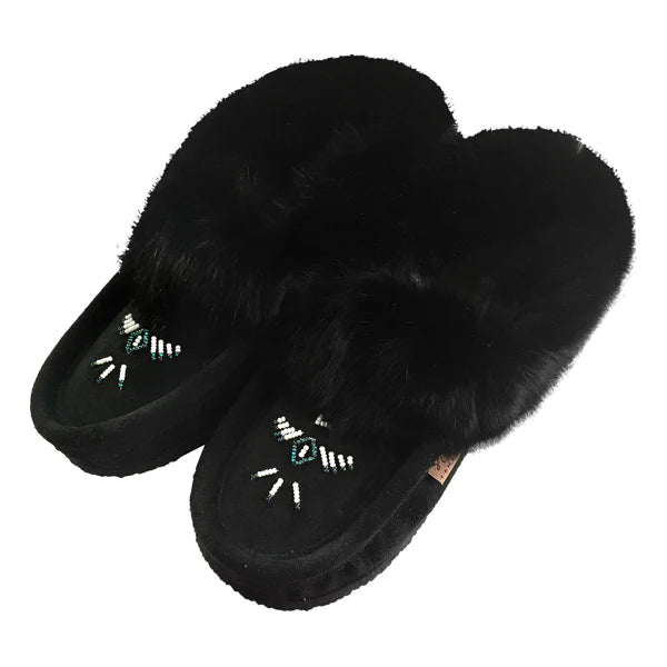 Fashion-forward and trendy women's shoe stylesWomen's Rabbit Fur Thunderbird Beaded Crepe Sole Moccasins Black