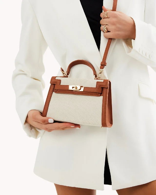 Elegant and classic women's shoes for bridal partiesHARIETTE HANDLE BAG - NATURAL LINEN-TAN
