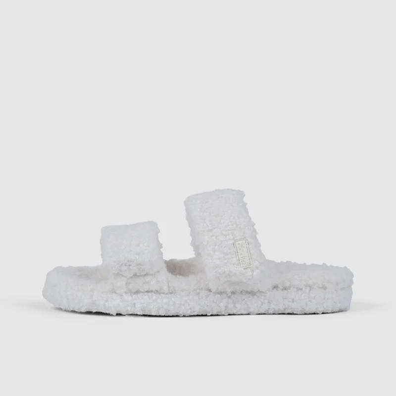 Elegant and classic women's shoes for bridal partiesWhite Two Strap Sherpa Slide