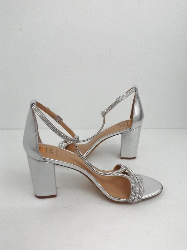 Elegant and sophisticated women's shoe stylesINC International Concepts Women's Block Sandal Keyla Fabric Open Toe, Pearl Silver Size 10