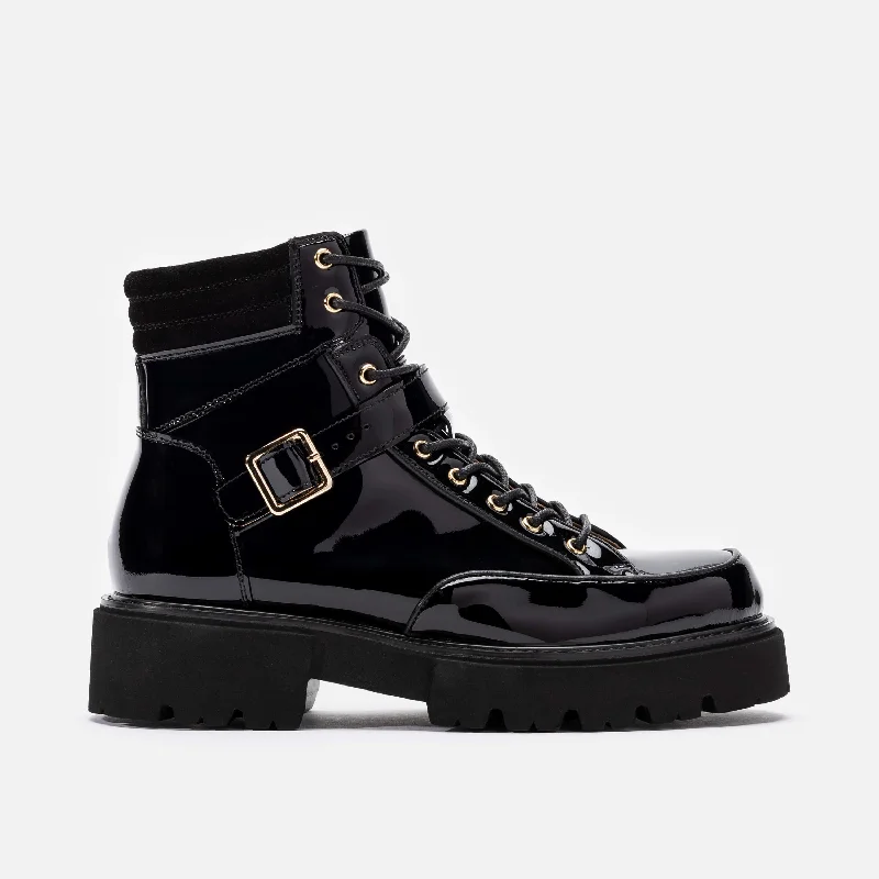Bold and striking women's shoe fashionsMs. Atlas Black Patent Leather Strap Boots