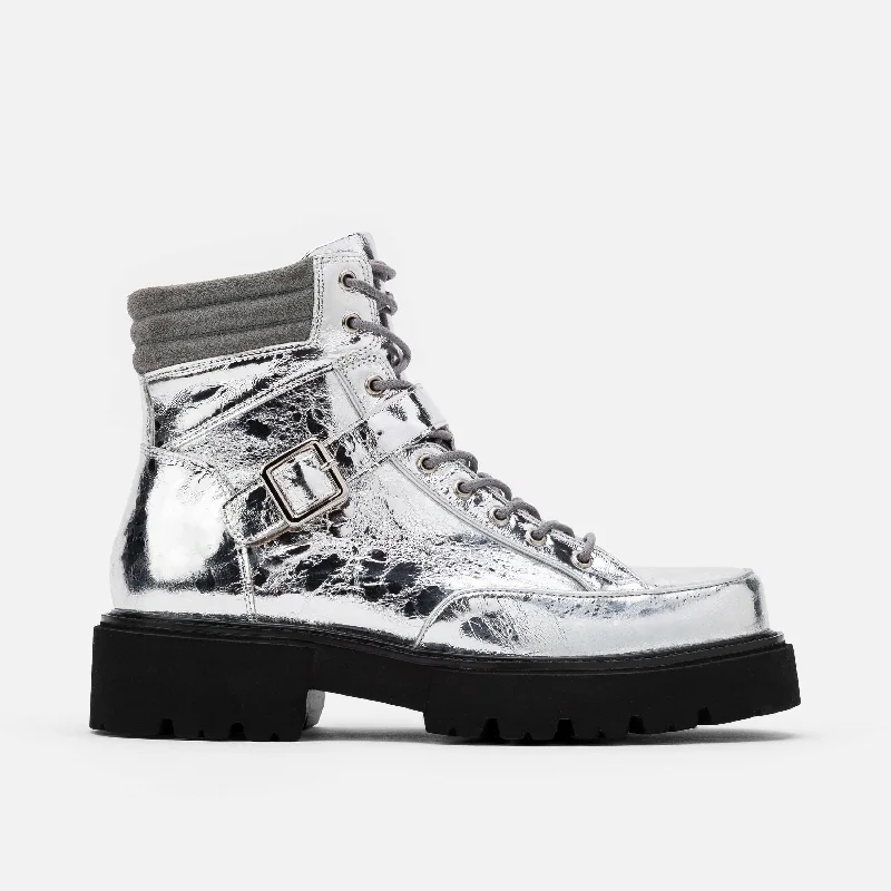 Stylish and elegant women's shoes for weddingsMs. Atlas Chrome Patent Leather Strap Boots