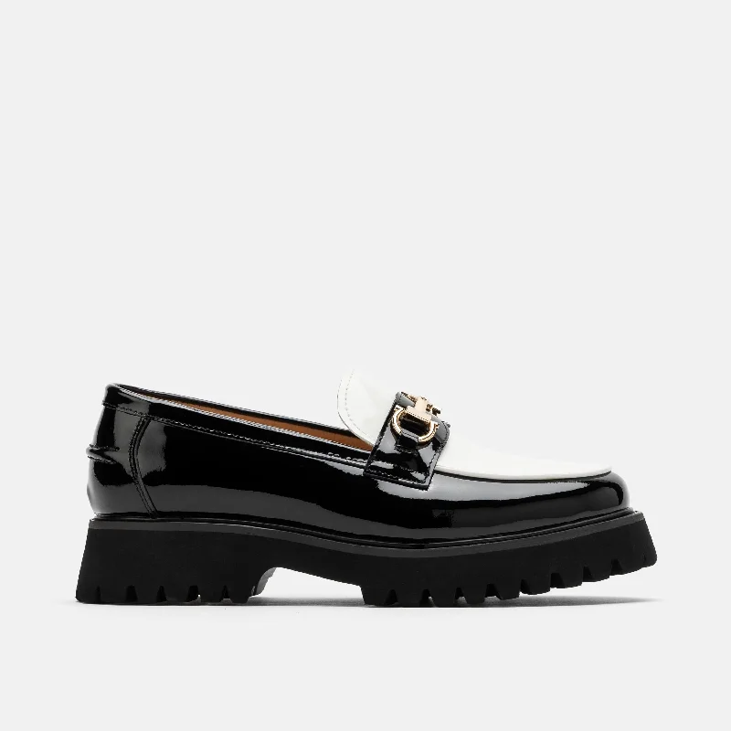 Flattering and figure-hugging women's footwearMs. Boulevard Black/White Patent Leather Bit Loafers