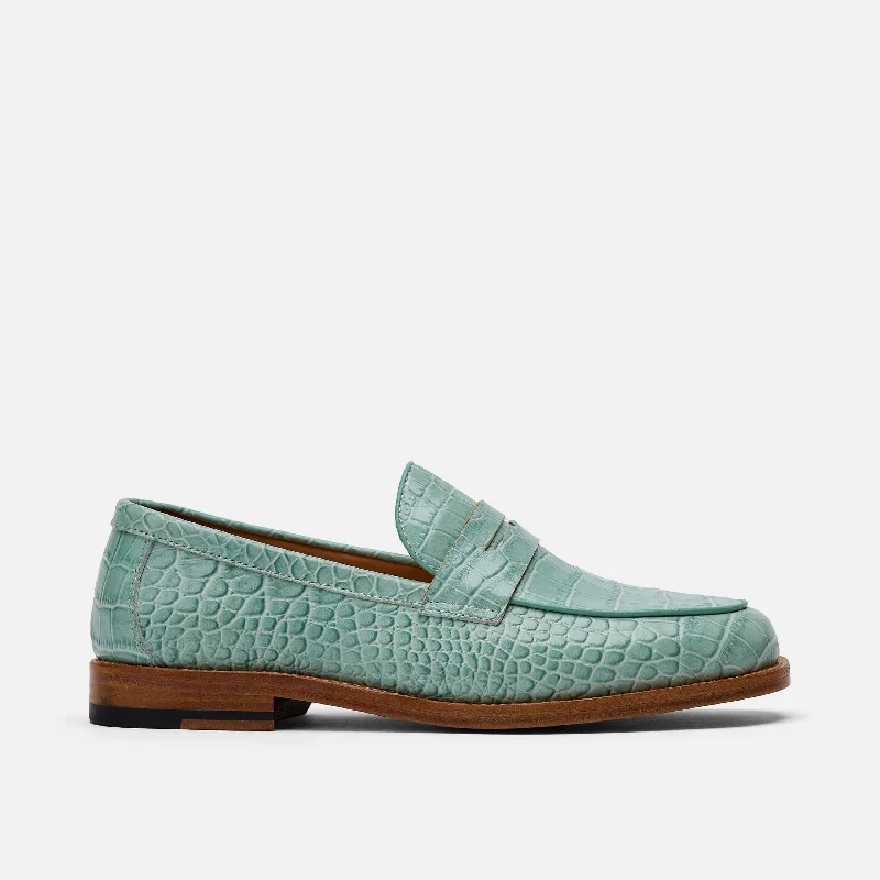 Elegant and classic women's shoes for bridal partiesMs. Calum Mint Blue Leather Penny Loafers