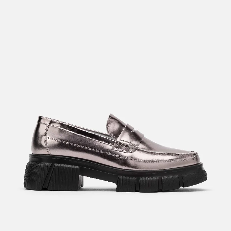 Elegant and sophisticated women's shoes for mature womenMs. Calum Silver Rose Patent Leather Lug Penny Loafers