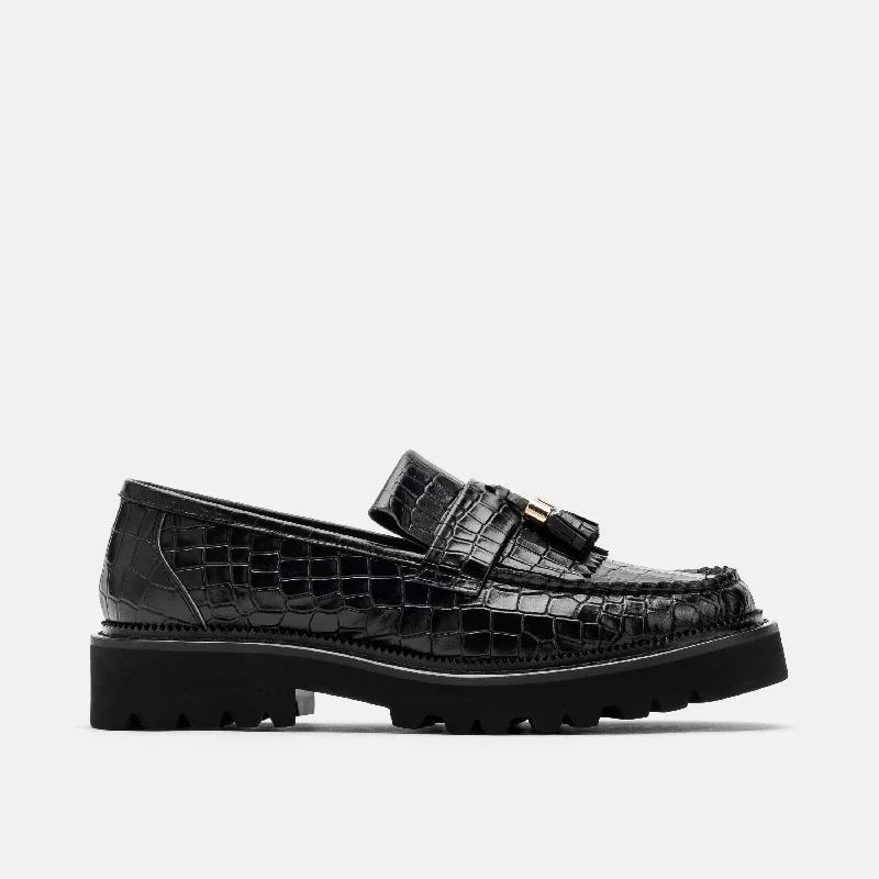 Practical and functional women's footwear solutionsMs. Journey Black Croc Leather Lug Tassel Loafer